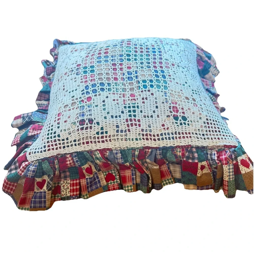 Vintage‎ Handmade Crochet Ruffle Pillow Pair Blue & Patchwork Country Cottage